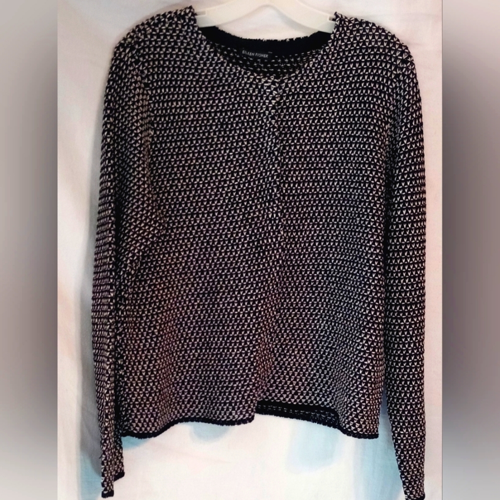 Eileen Fisher Organic Linen   Blend Hidden Snap Black White Knit Cardigan SZ L